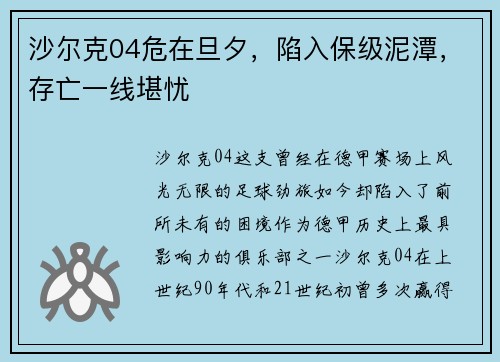 沙尔克04危在旦夕，陷入保级泥潭，存亡一线堪忧