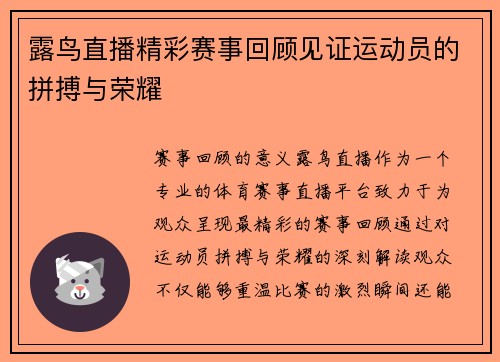 露鸟直播精彩赛事回顾见证运动员的拼搏与荣耀
